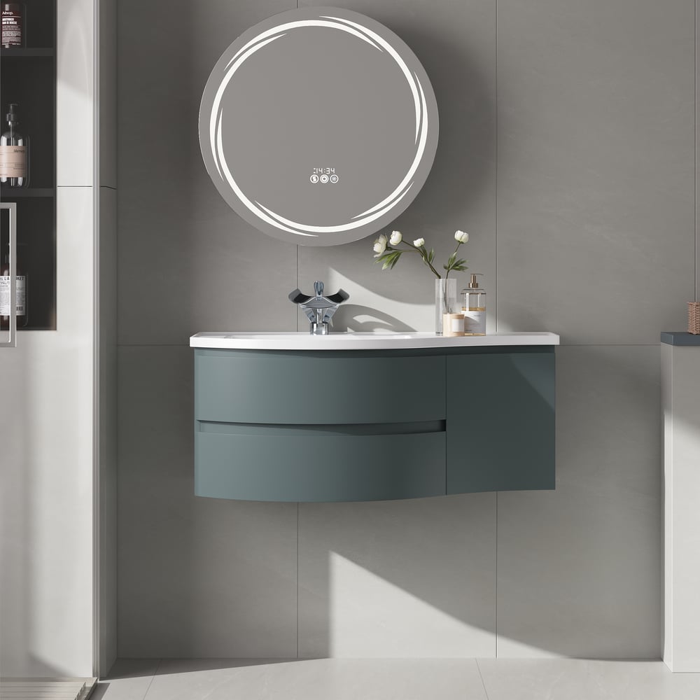 Floating Curved Bathroom Vanity & Round LED Medicine Cabinet Set Left Offset window image