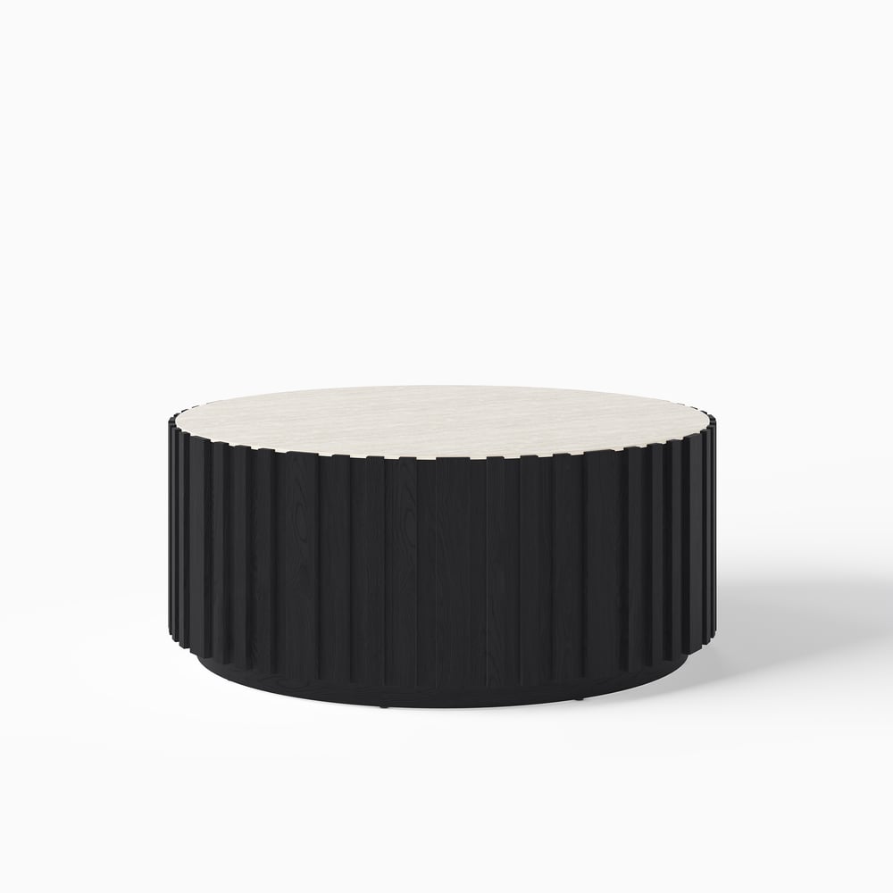 Aura 35" Round Black Slatted Sintered Stone Coffee Table with 2 Drawers window image