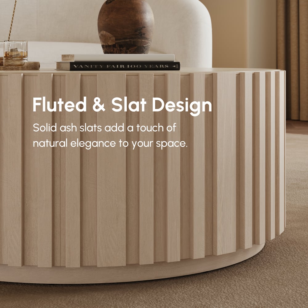 Aura 35" Round Washed White Slatted Sintered Stone Coffee Table with 2 Drawers window image