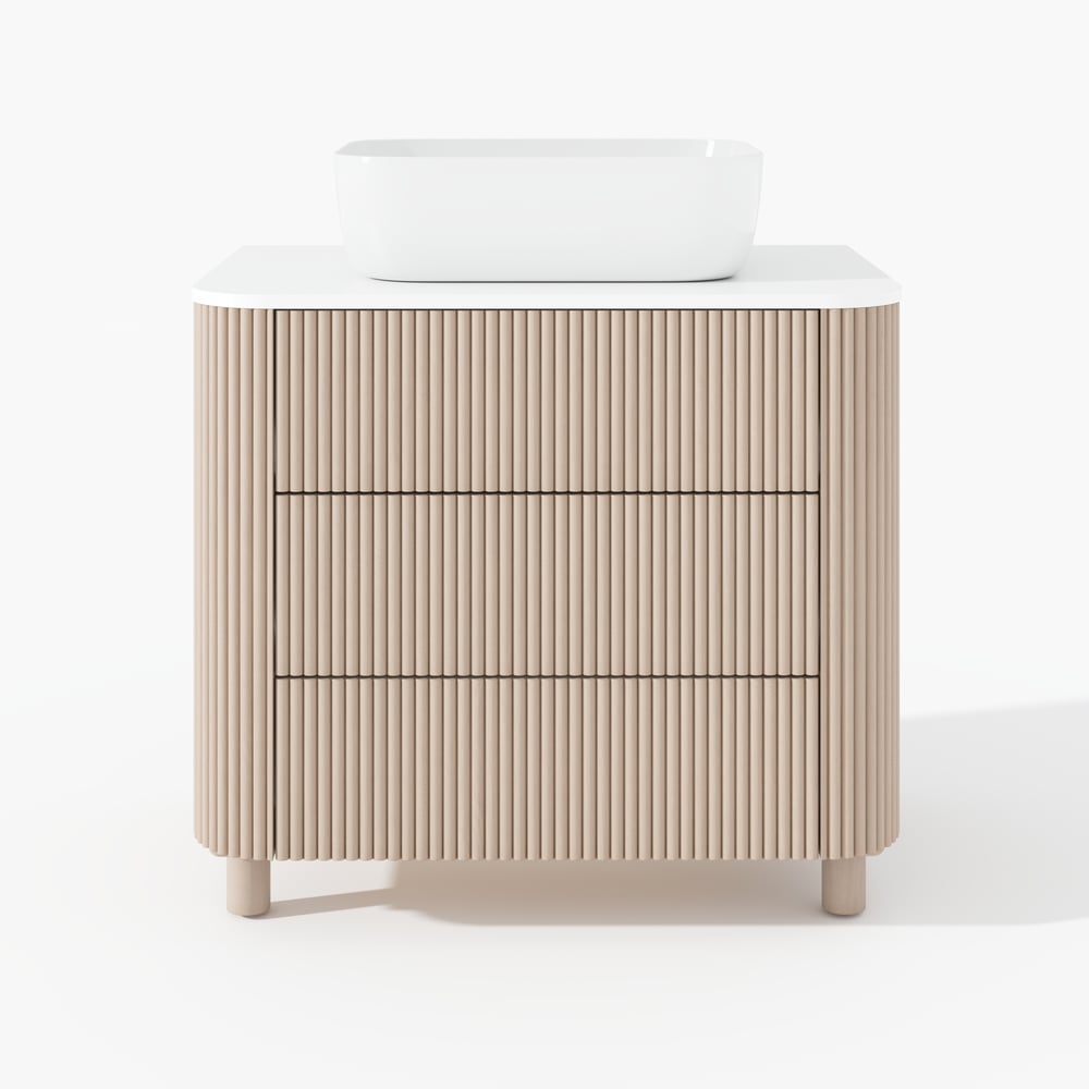 80cm Fluted Freestanding Bathroom Vanity with Vessel Sink, 3-Drawers, Sintered Stone top window image
