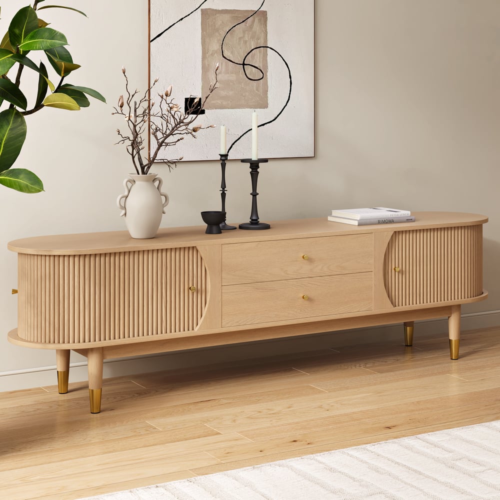 80" Ash Wood Fluted Natural TV Stand with Storage window image