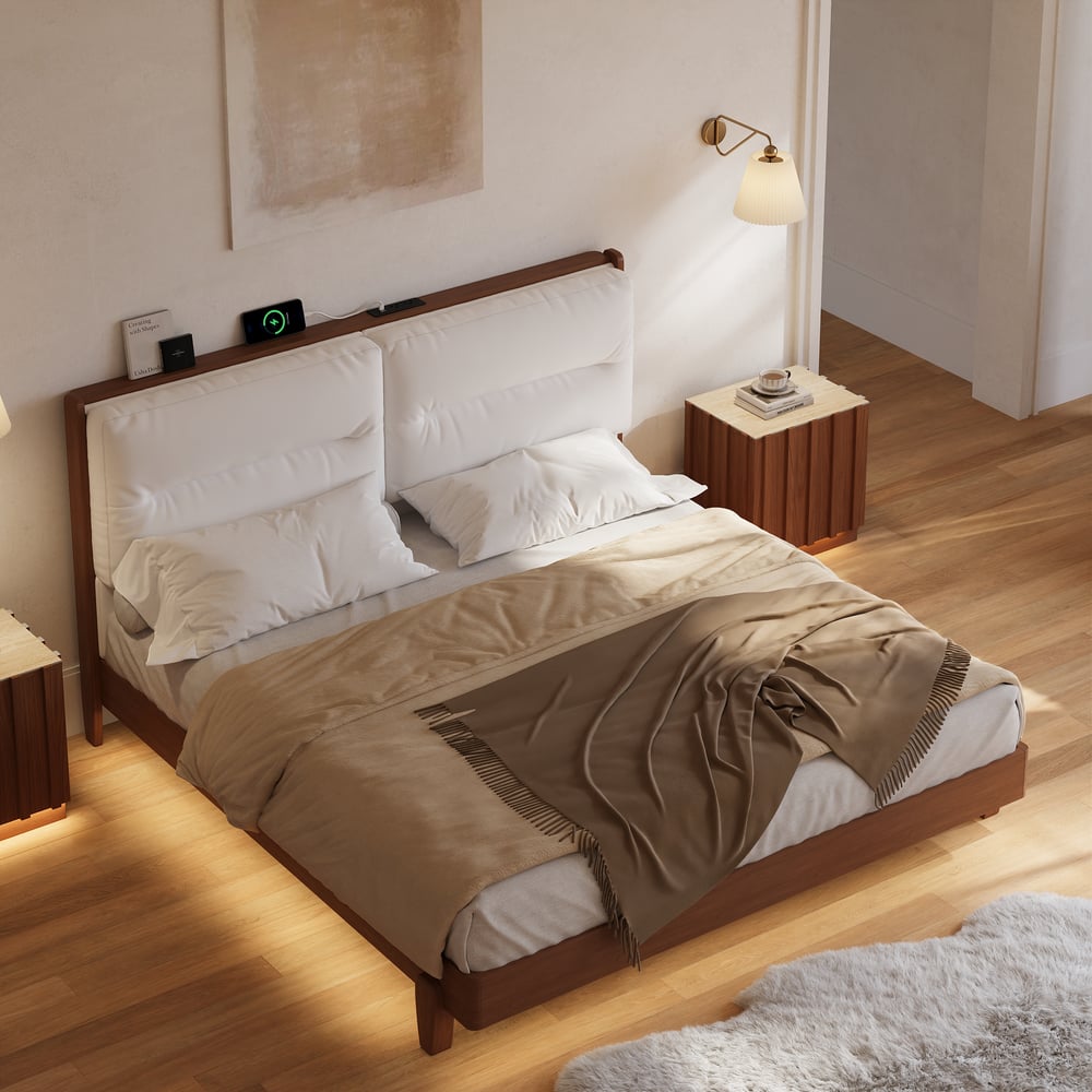 Mid-Century Modern King Solid Wood Bed with Charging Station and Sensor LED window image