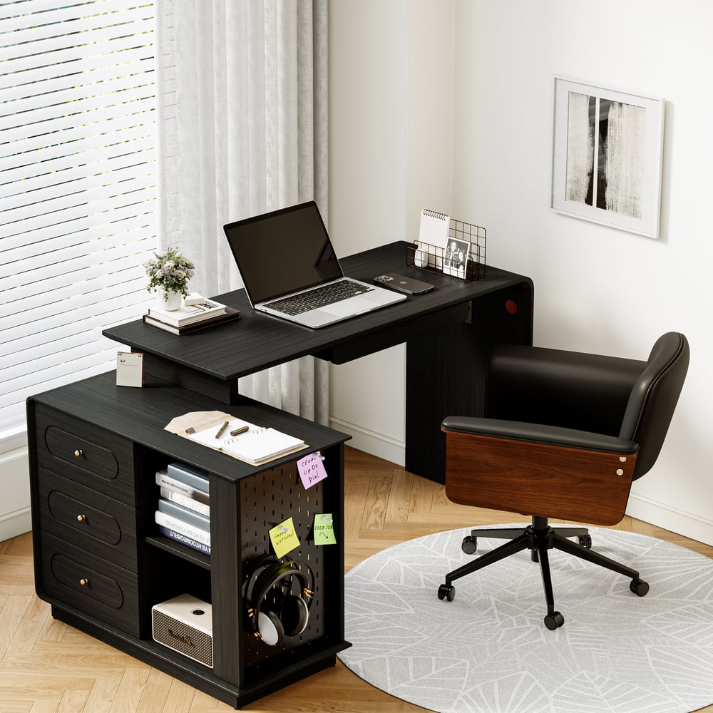 Modern 73" L-Shaped Black Rotating Desk with Keyboard Tray & Storage window image