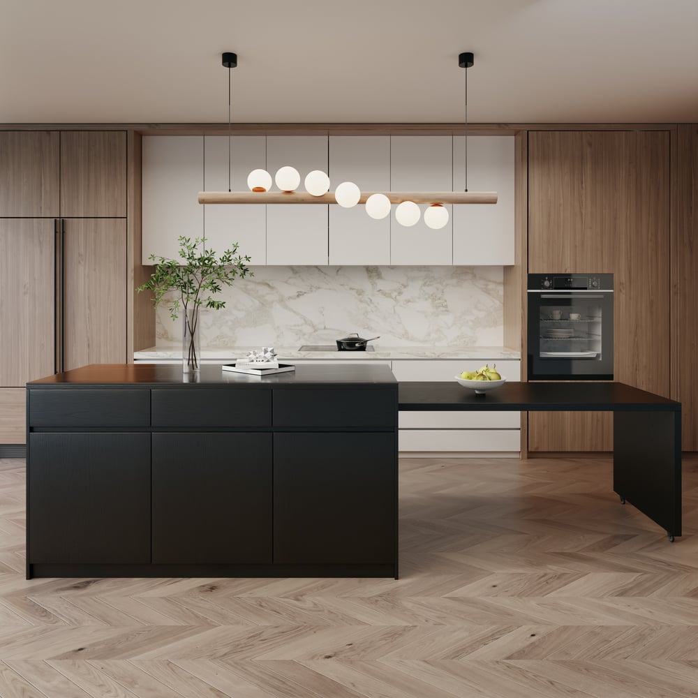 205 - 270 cm Extendable Matte Sintered Stone Kitchen Island with Storage, Black window image