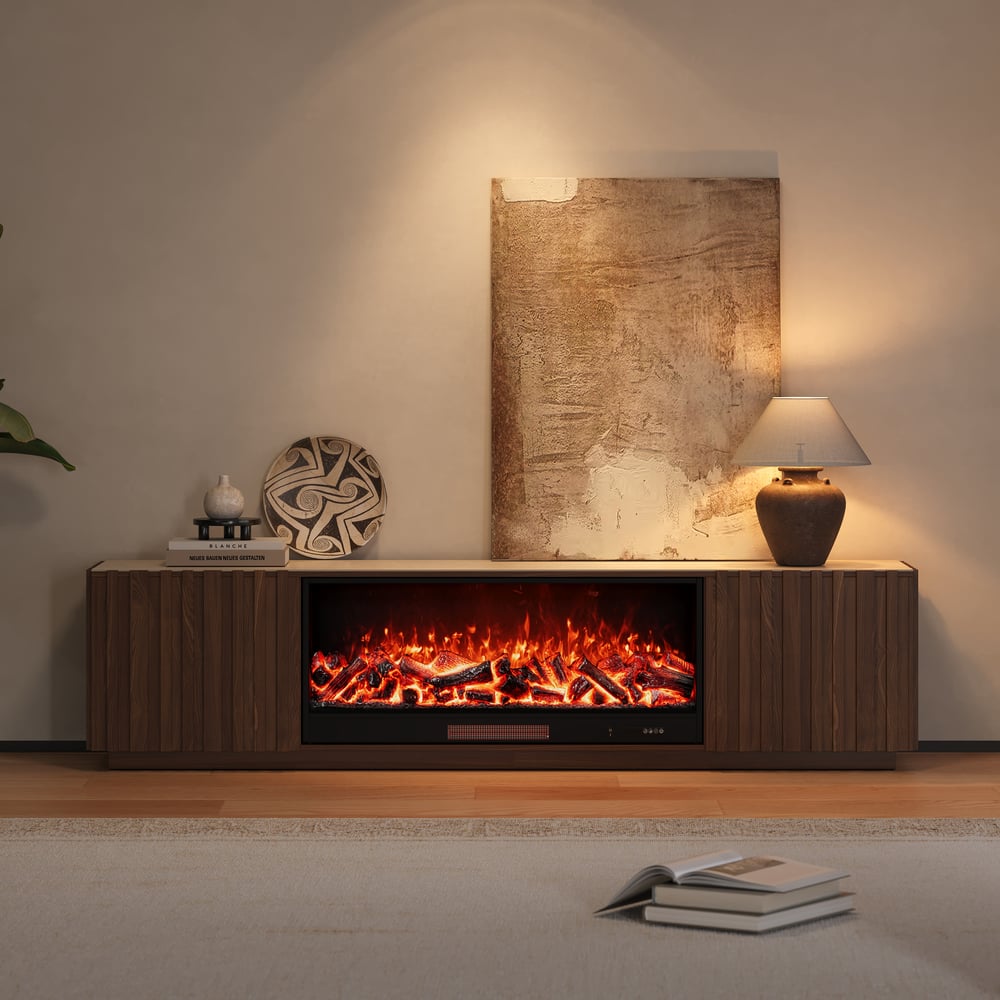 Aura 84" Sintered Stone Top Electric Fireplace TV Stand window image