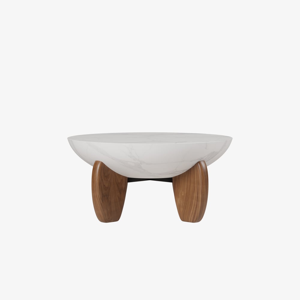 Curva 37" Round Concrete Walnut Coffee Table with Wood Legs window image