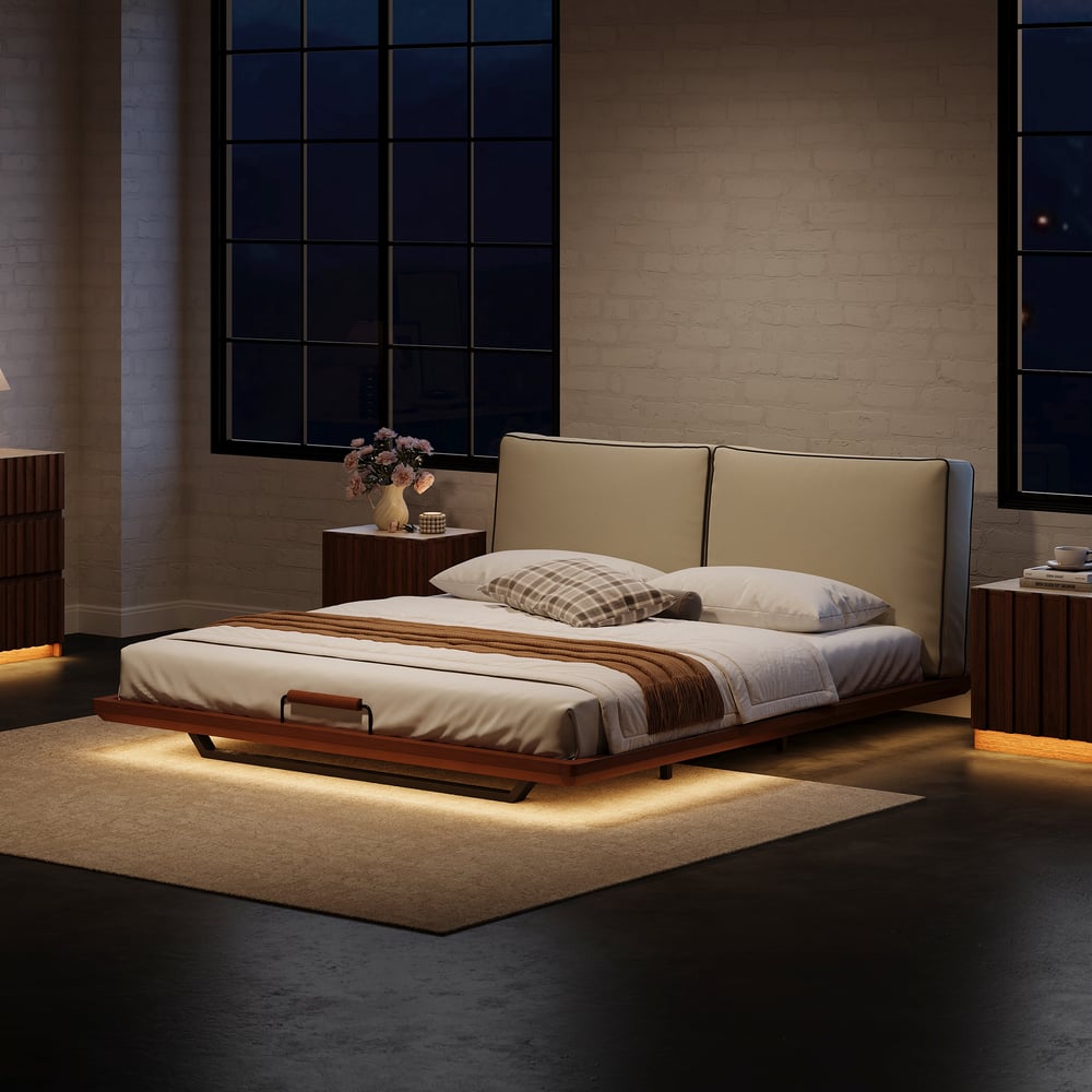 Japanese Style Solid Wood King Floating Bed with Headboard & Light window image