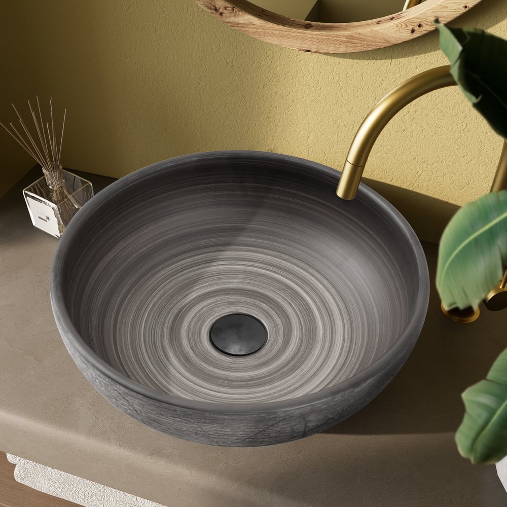 Vasque de salle de bain ronde en céramique grise de 40cm – évier à poser avec glaçure mate image de fenêtre