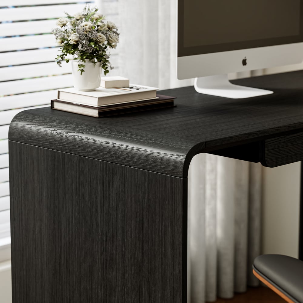 Modern 73" L-Shaped Black Rotating Desk with Keyboard Tray & Storage window image