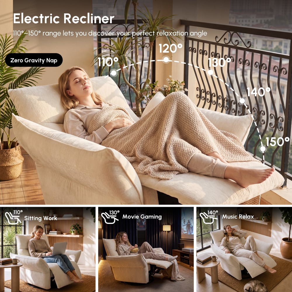 Performance Chenille Power Recliner Swivel Rocker Chair With Dual Motor & Adjustable Armrests window image