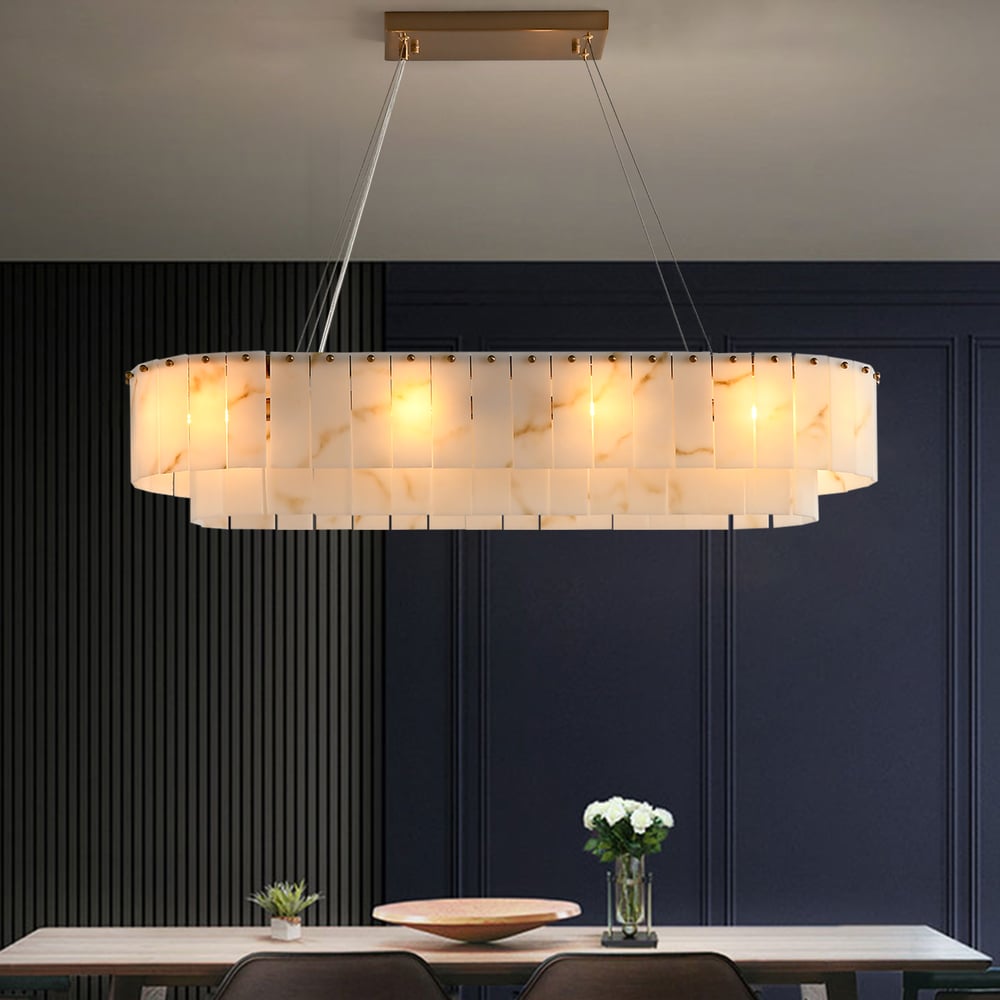 12-Light Linear Chandelier Alabaster-Look 2-Tier Dining Chandelier 40" window image