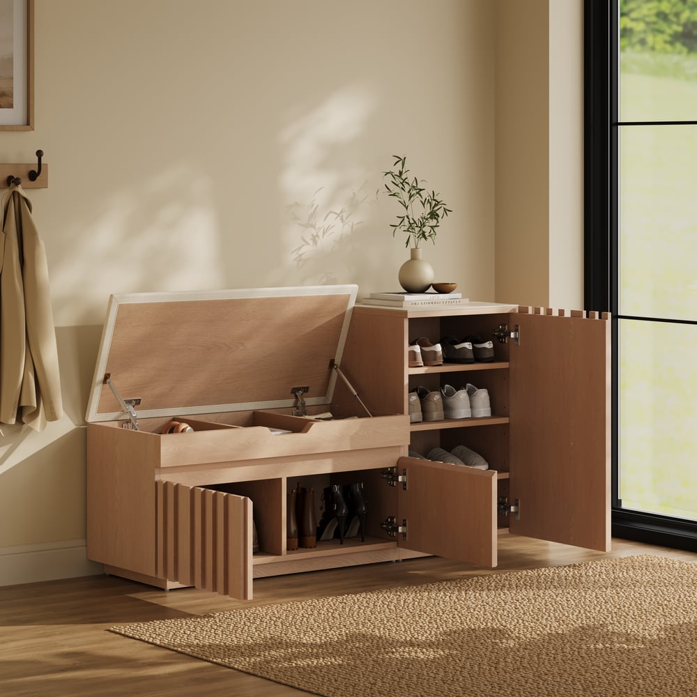 Aura 47” Wooden Shoe Storage Bench with Right-Side Cabinet for Entryway window image