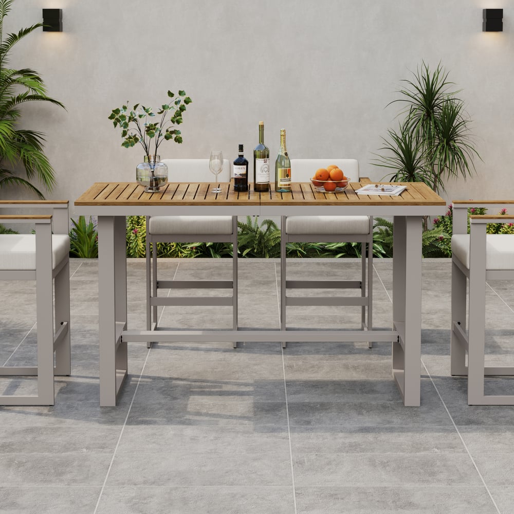 Tevara Teak Wood Modern Outdoor Bar Set Sand Frame & Warm White Cushion window image