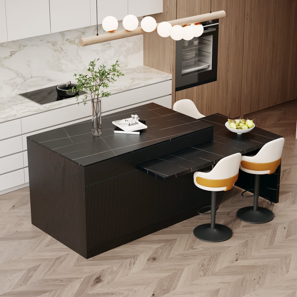 Îlot de cuisine en bois extensible de 81 à 112 pouces avec rangement, noir image de fenêtre