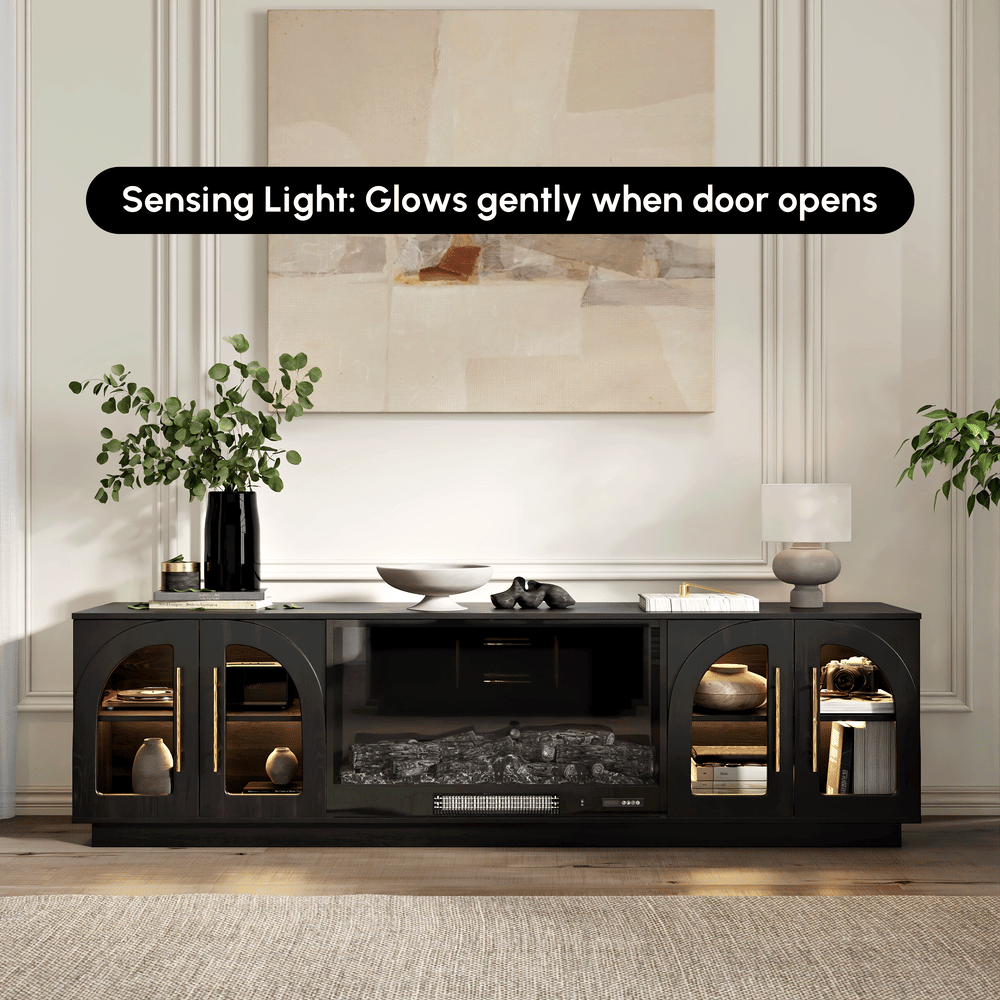 Arune 203 cm Arched Glass Doors TV Stand with Electric Fireplace & Remote Control window image