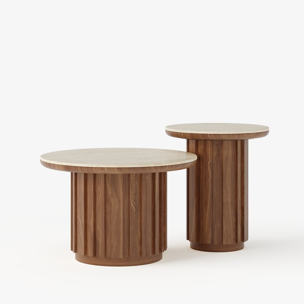 Aura 2 Piece Set Ash Wood Slatted  Round Coffee Table with Sintered Stone Top(20" - 28") window image