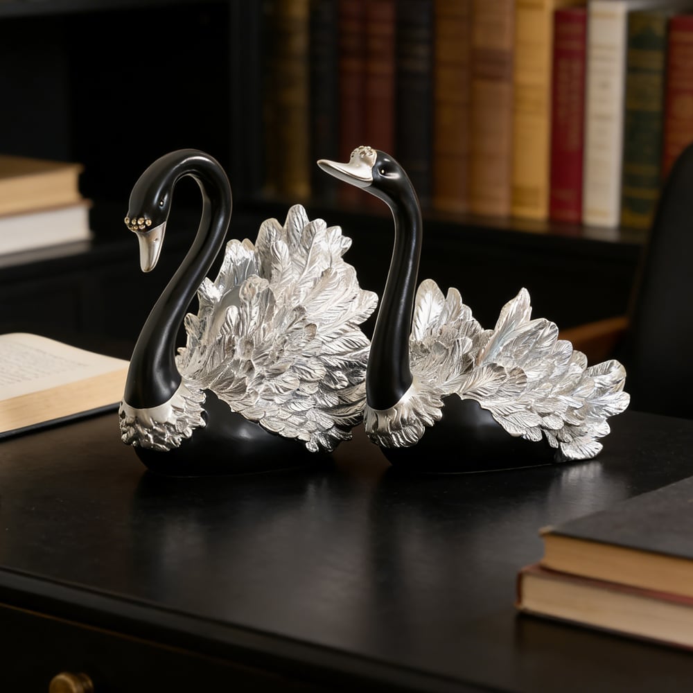 2-Piece Resin Swan Figurines – Elegant Black & Silver Swan Decorative Storage Set window image