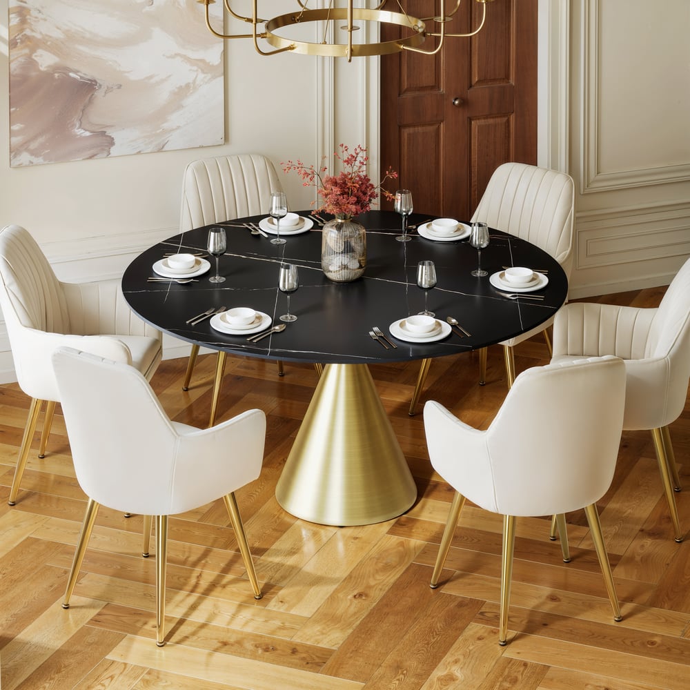 152cm Round Matte Sintered Stone Dining Table with Gold Metal Pedestal Base, Seats 6 window image