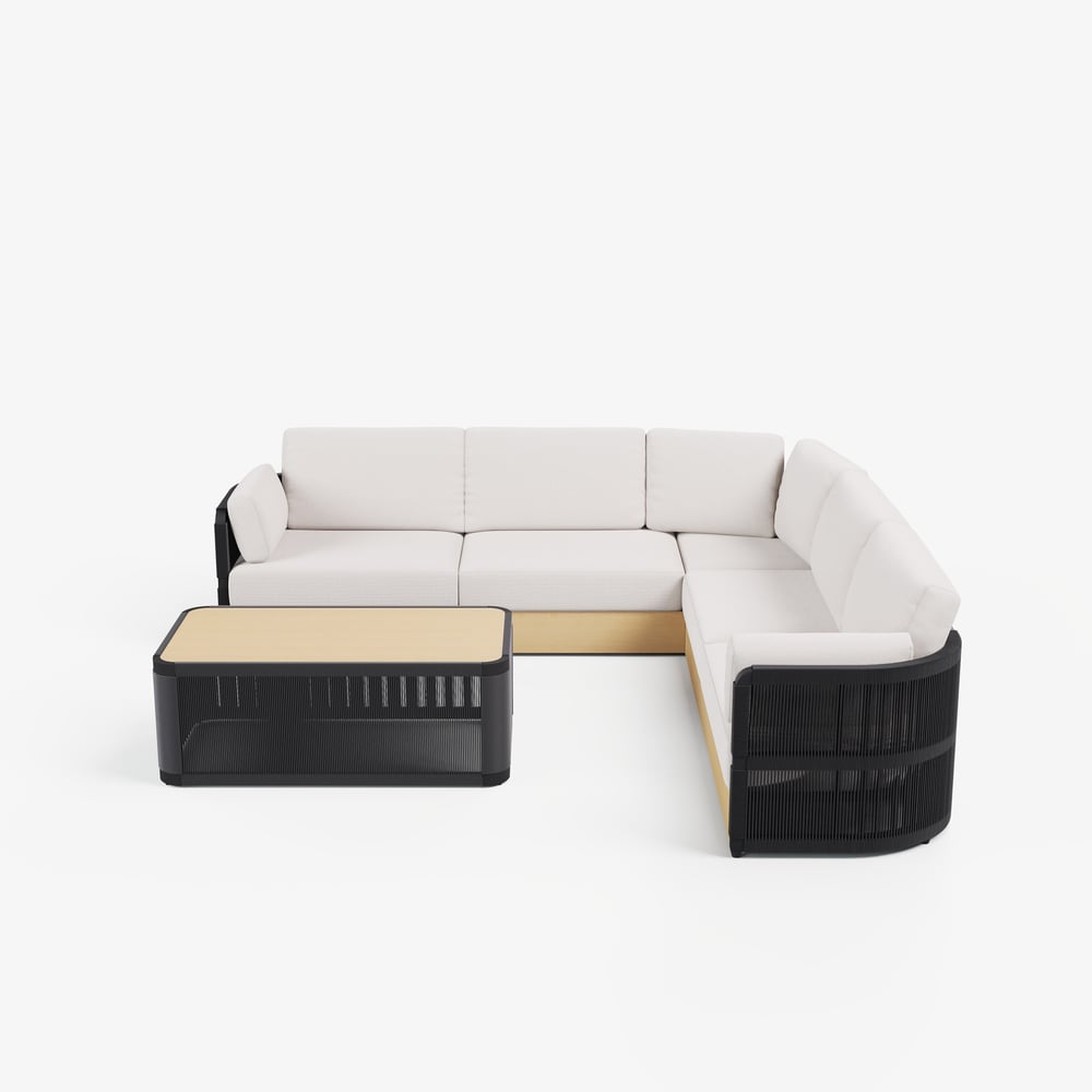 Costra Handwoven Rope L-Shaped Outdoor Sofa with Coffee Table in Black window image