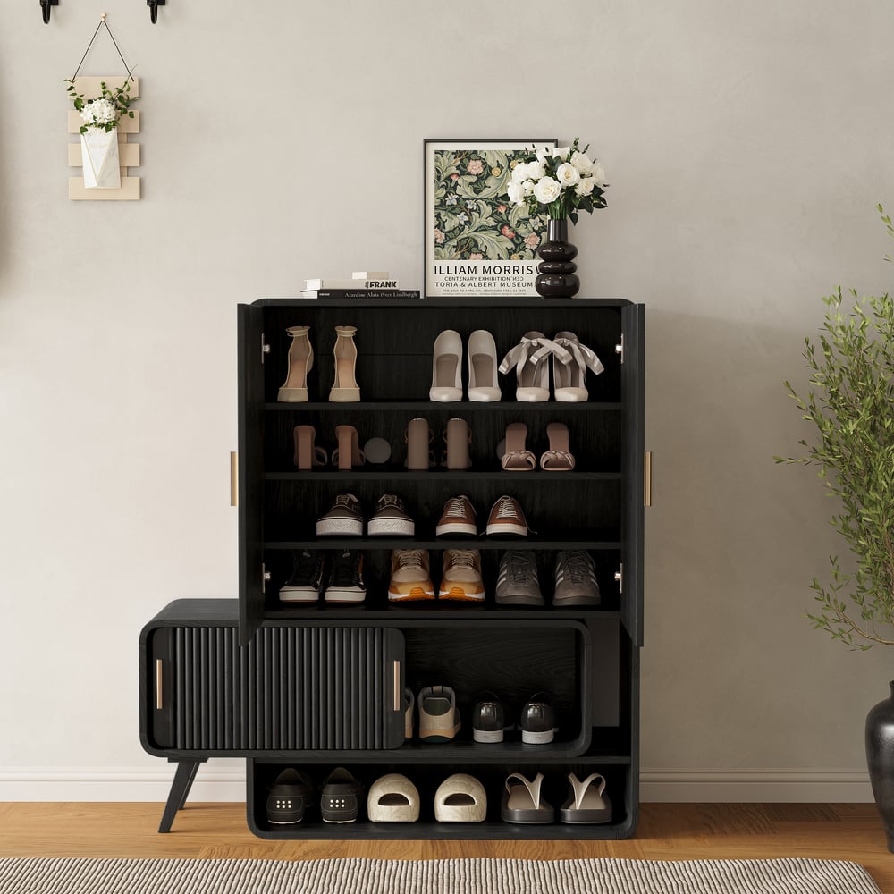 Meuble d'entrée cannelé en placage de bois de frêne de 37 pouces avec rangement pour chaussures, main gauche image de fenêtre