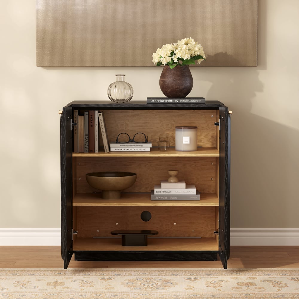 31" Ash Wood Veneer TV Stand with Wood Doors & Storage window image