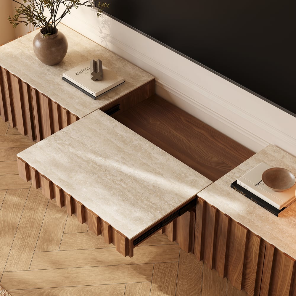 Aura 80" Ash Wood Fluted Walnut Projector TV Stand with Sintered Stone Top window image