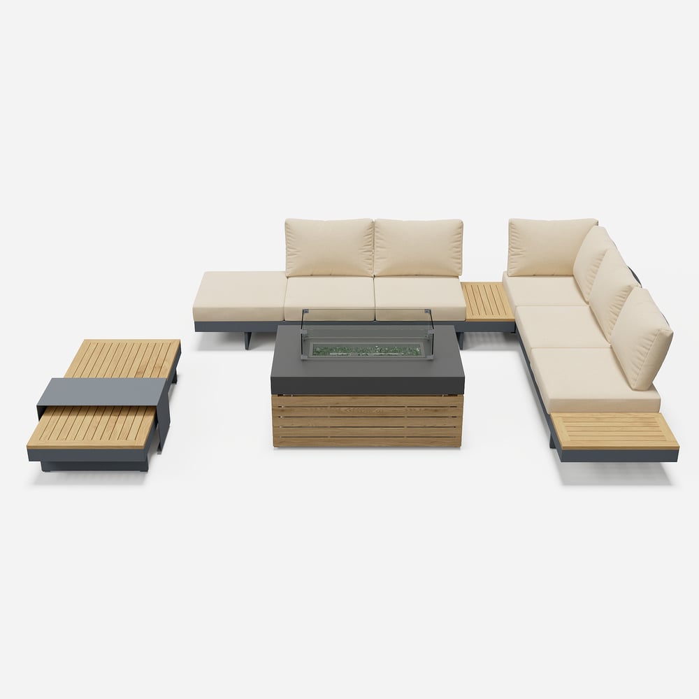 Tevara 5-Pieces Modular Teak Outdoor Sofa Set with Smokeless Fire Pit for 6 in Beige window image