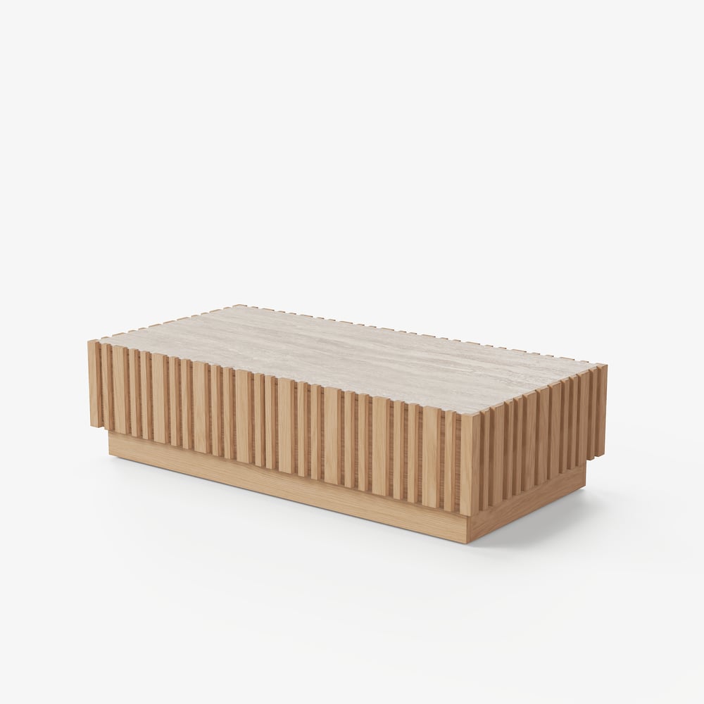 Table basse à lattes Aura 47" en bois de frêne avec plateau en pierre frittée image de fenêtre