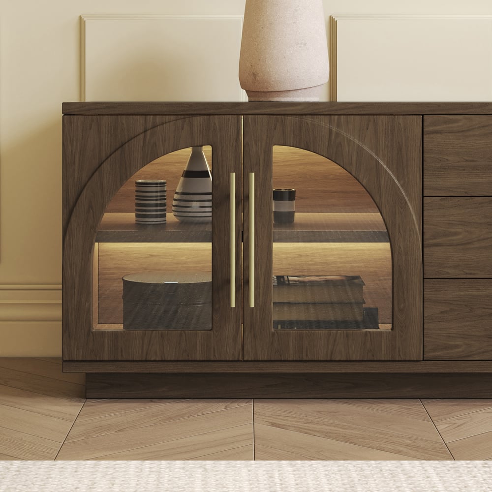 Arune 72" Arched Glass Doors Smoked Brown TV Stand with Storage and LED window image