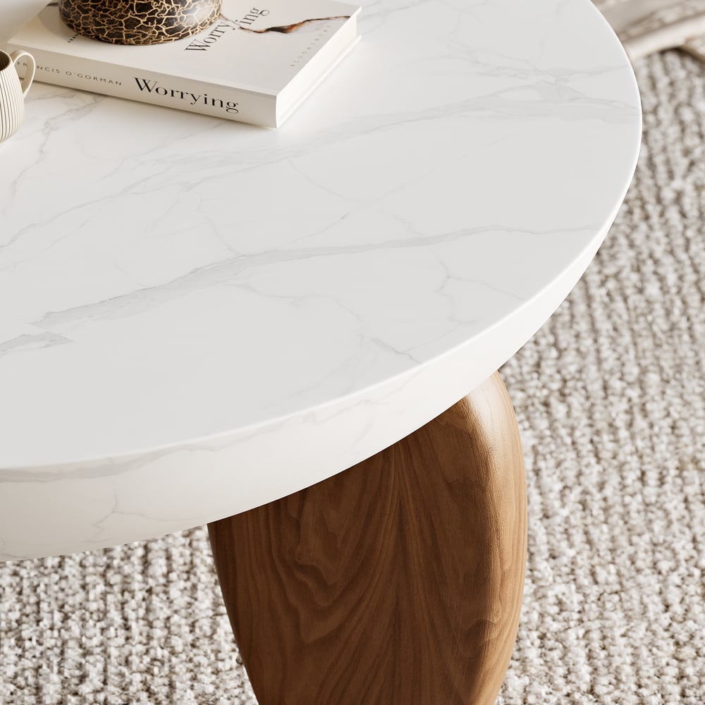 Curva 37" Round Concrete Walnut Coffee Table with Wood Legs window image