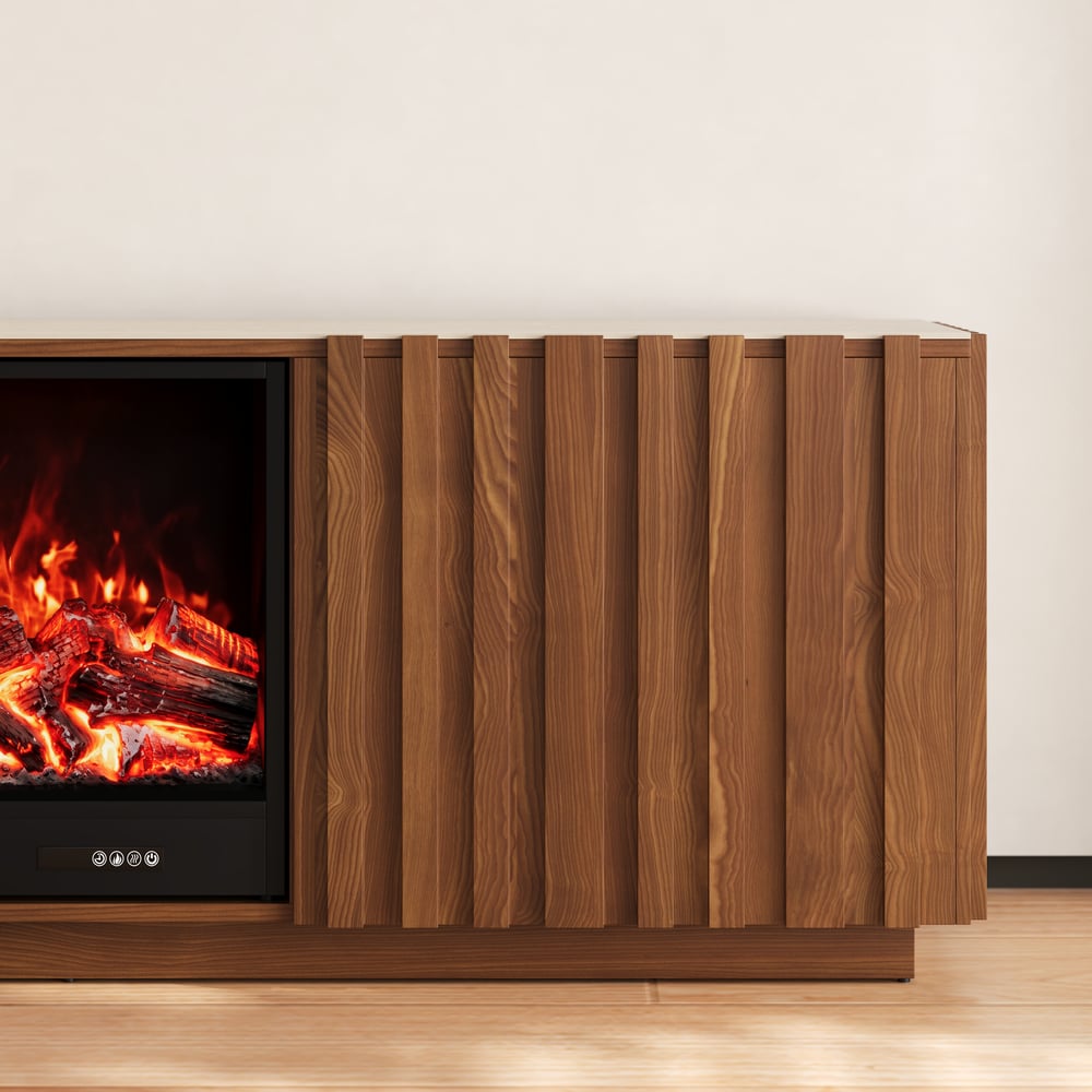 Aura 84" Sintered Stone Top Electric Fireplace TV Stand window image