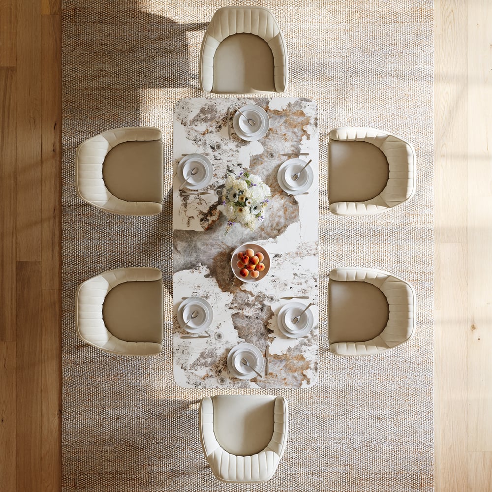 Ensemble de salle à manger 180 cm Table rectangulaire en pierre frittée Pandora brillante avec 6 chaises image de fenêtre