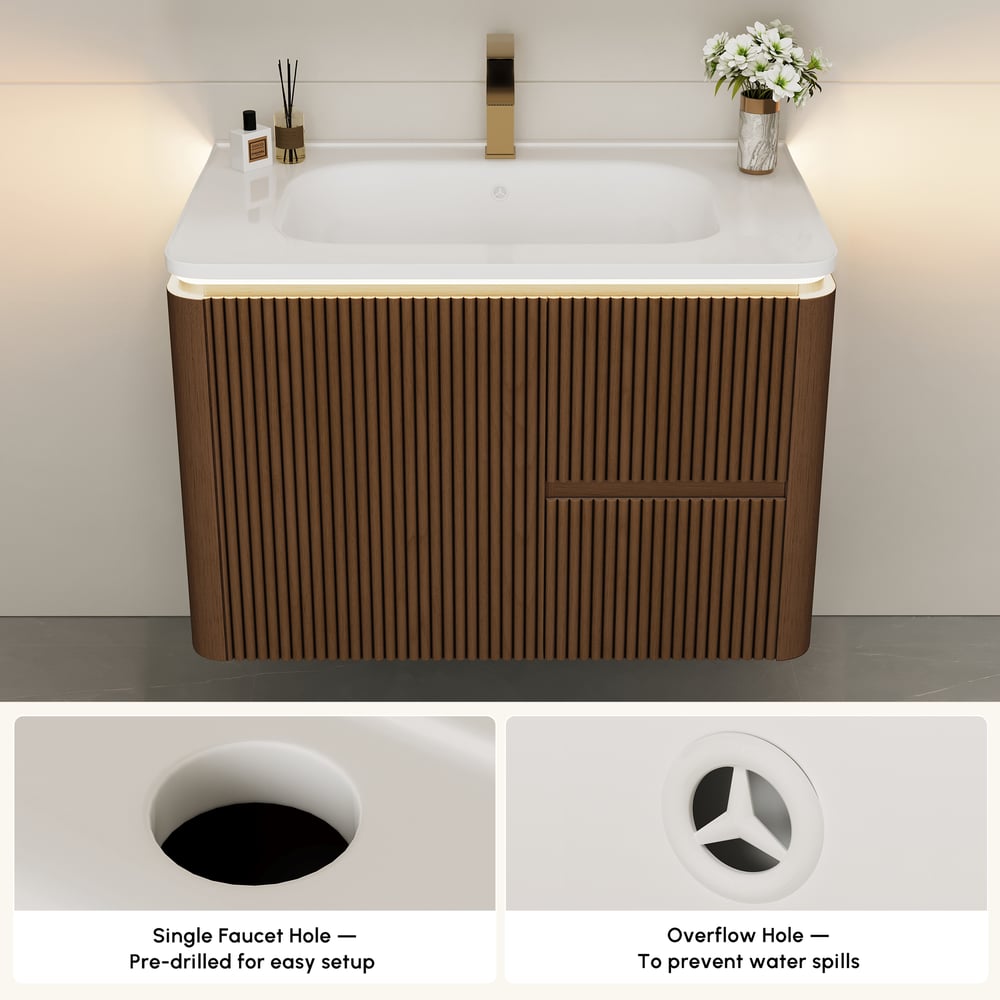 Meuble-lavabo de salle de bain flottant cannelé moderne de 81 cm avec lavabo, éclairage LED doux et grand espace de rangement image de fenêtre