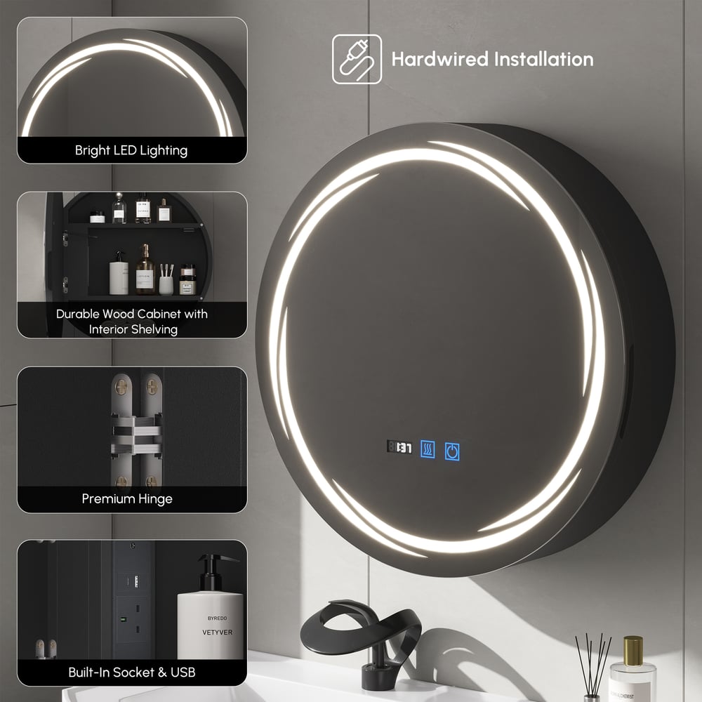 60cm Round Black LED Bathroom Mirror Cabinet with Storage, Anti-Fog, Dimmable window image