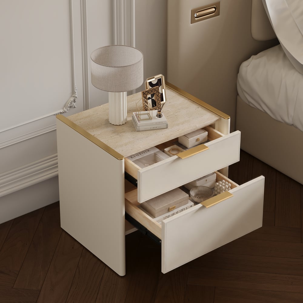 Modern Saddle Leather 2-Drawer Nightstand with Faux Travertine Stone Top window image