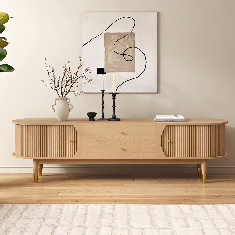 80" Ash Wood Fluted Natural TV Stand with Storage window image