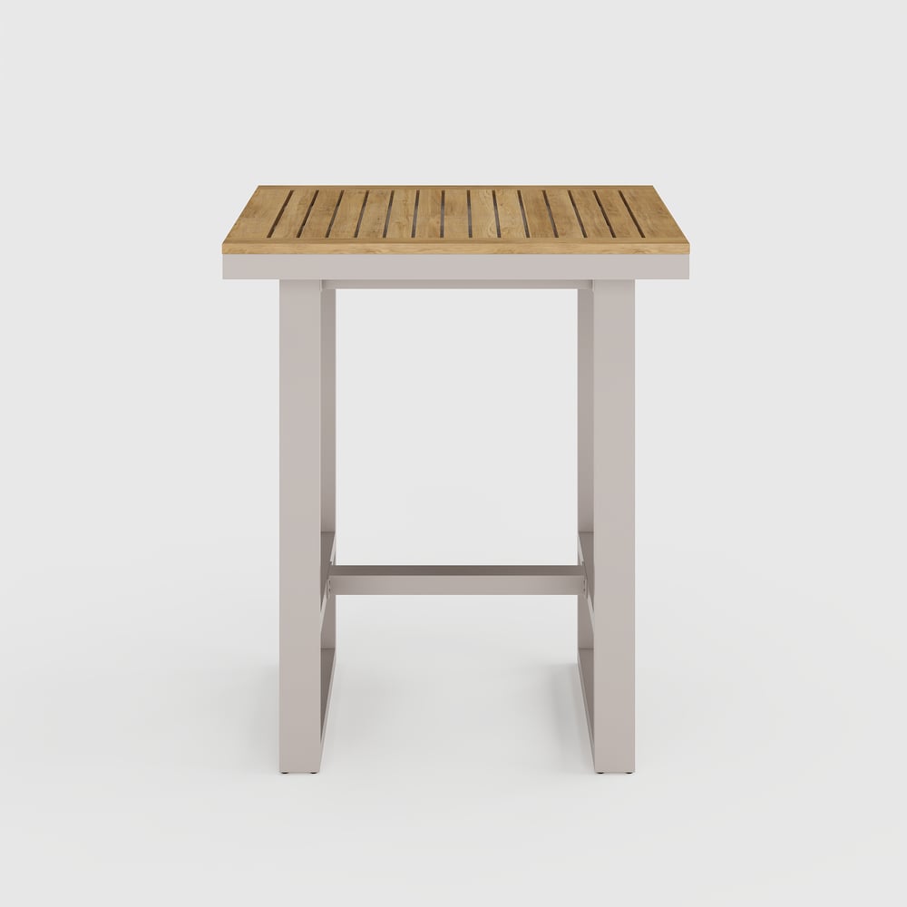 Tevara Outdoor Square Bar Table with Teak Wood Slat Top & Aluminum Frame in Sand window image