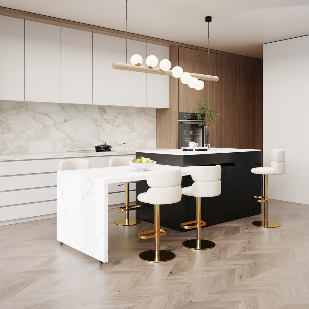 Isla de cocina de madera moderna extensible de 81''-112" con almacenamiento, blanco y negro Imagen de ventana
