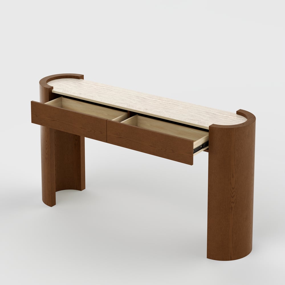 Console ovale Japandi de 60 pouces en pierre frittée avec 2 tiroirs image de fenêtre