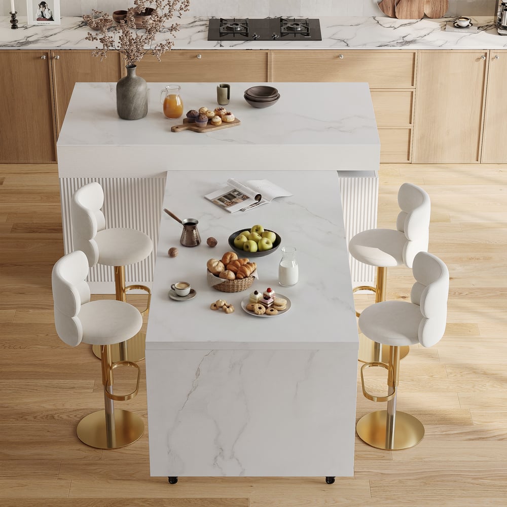 Modern 81"-112" Marble Pattern Kitchen Island with Doors & Drawers, White window image