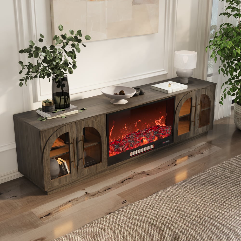 Arune 80" Arched Glass Doors Electric Fireplace TV Stand with Remote Control window image