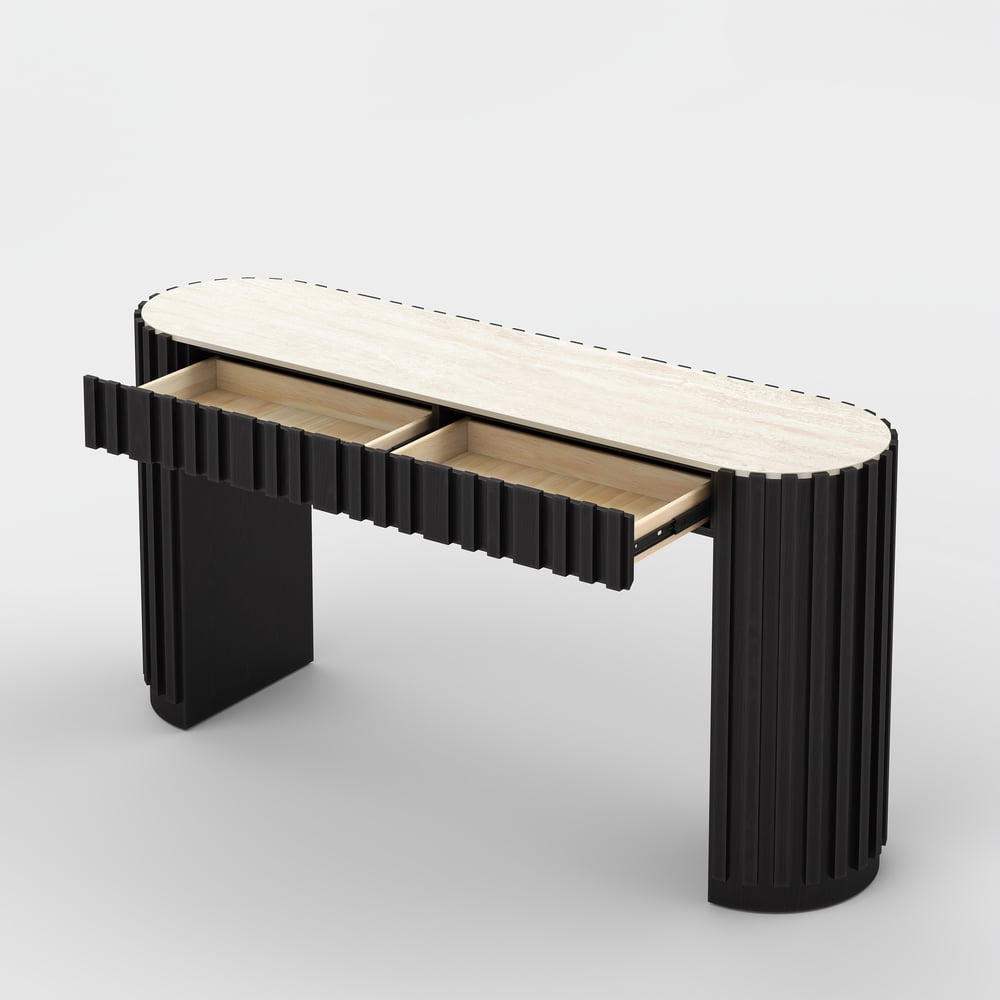Aura 60" Ash Wood Fluted Black Console Table With Sintered Stone Top window image