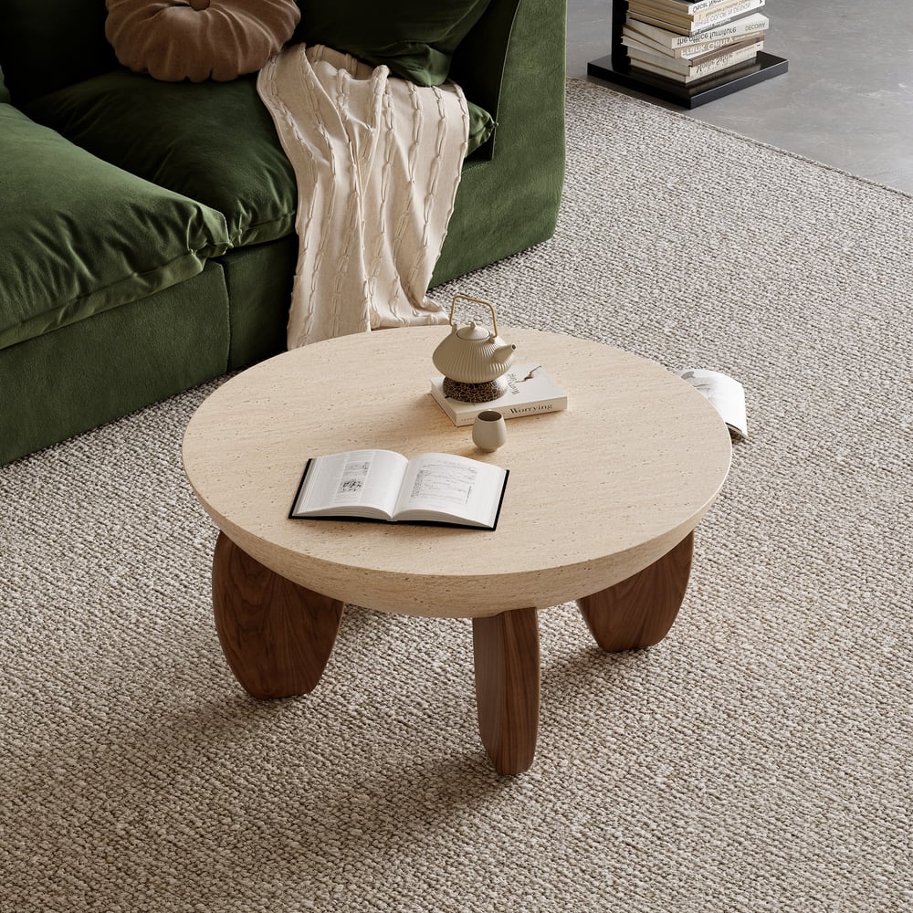 Table Basse Curva 76 cm Ronde en Béton Noyer avec Pieds en Bois image de fenêtre
