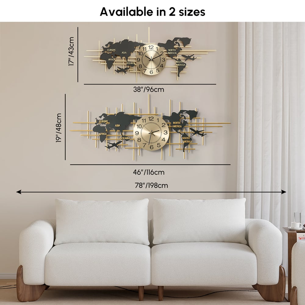 Horloge murale géante en métal 116cm décor carte du monde horloge créative et silencieuse pour salon Poids, dimensions, image