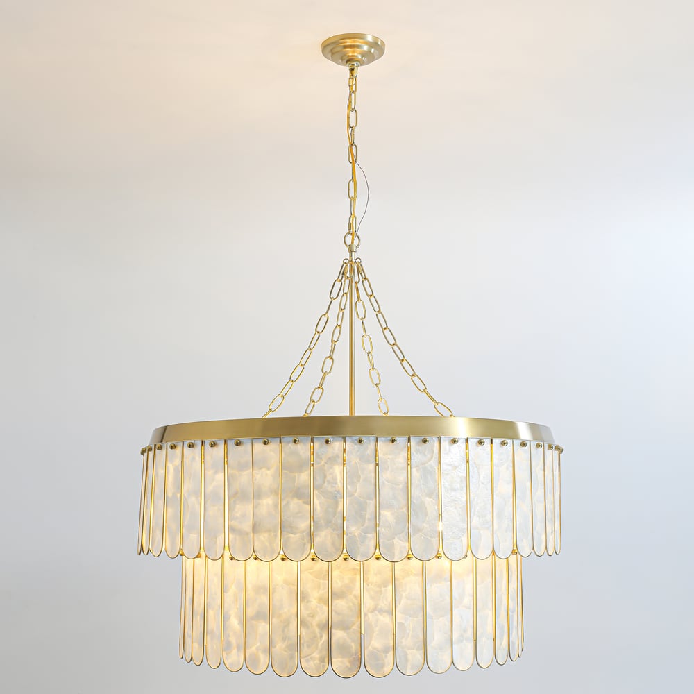 Enseo Coastal 8-Light Capiz Shell 2-Tiered Faceted Chandelier Pendant Light Gold White window image