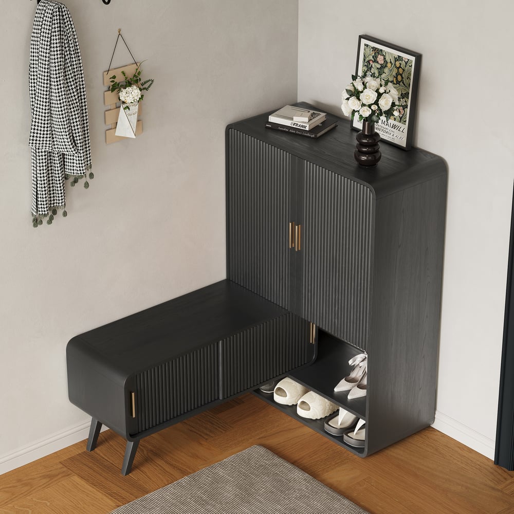 Meuble d'entrée cannelé en placage de bois de frêne de 37 pouces avec rangement pour chaussures, main gauche image de fenêtre