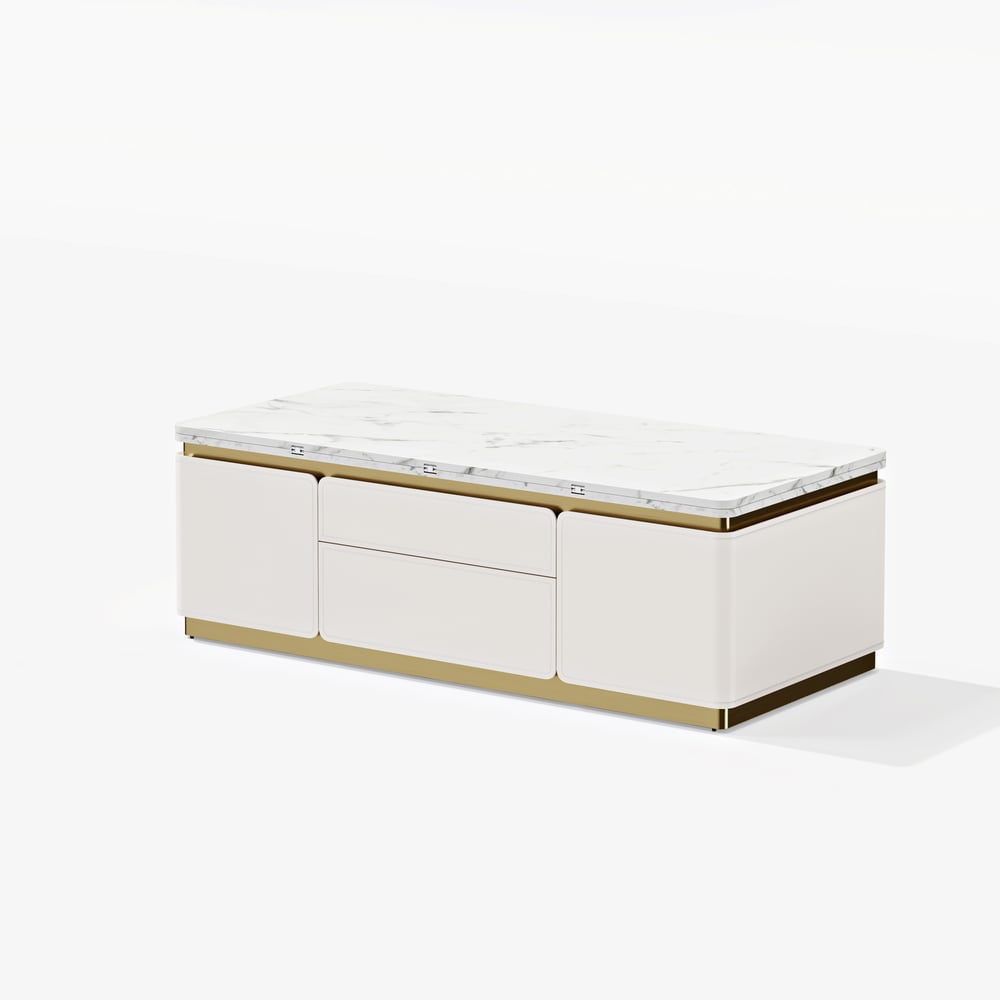 48" Ivory Saddle Leather Lift-Top Coffee Table with 2 Drawers window image