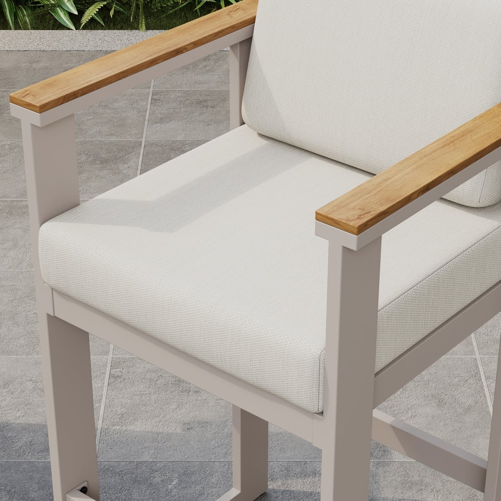 Tevara Outdoor Aluminum Frame & Teak Wood Armrest Bar Stools in Sand, Set of 2 window image