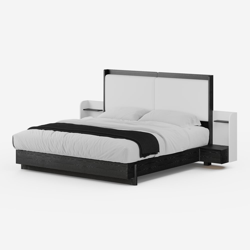 King Solid Wood Bed with Leather Extended Headboard & Floating Smart Nightstand Set window image