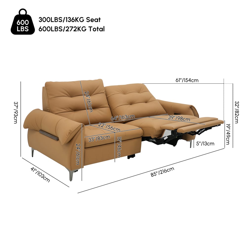 85" 2-Seater Genuine Leather Power Reclining Sofa with USB & USB-C Charging Ports weights dimensions image